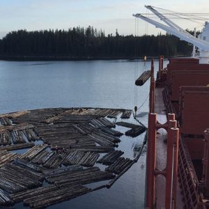 Logs being loaded on the barge in Broken Oar Cove Yakutat Alaska